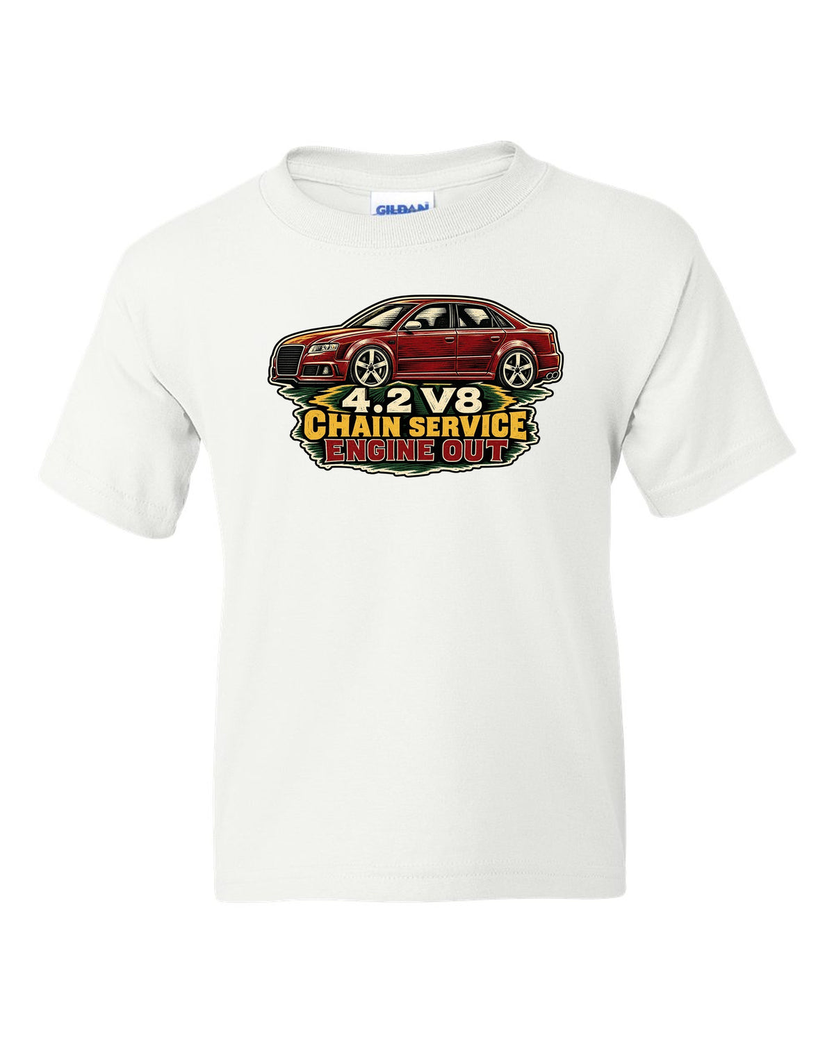 Linocut style print of an Audi S4 B7 sedan with 4.2 V8 chain service text white kids tee front view with the design