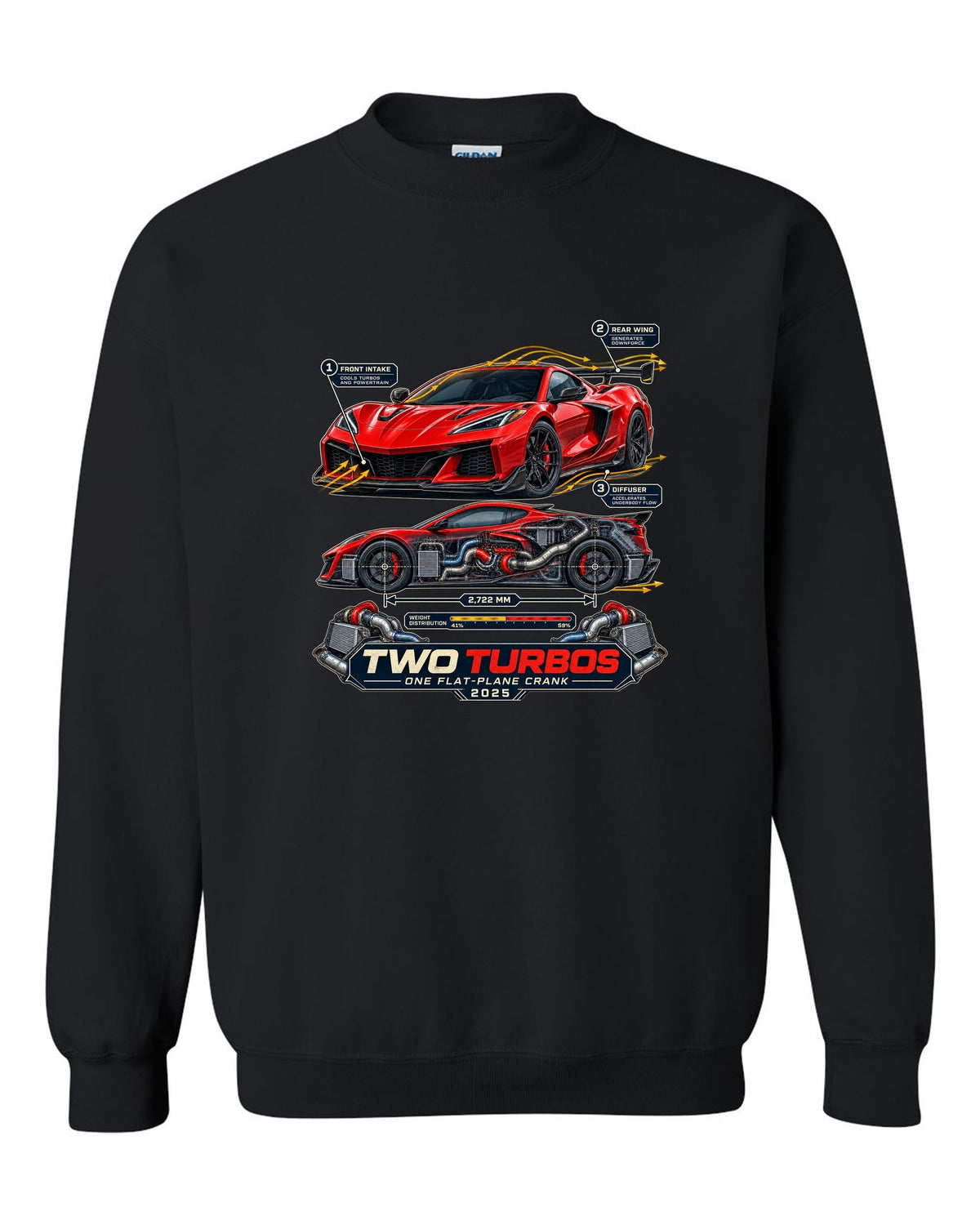print of a Chevrolet Corvette C8 ZR1 cutaway with callouts for twin turbos and flat-plane crank black crewneck front view with the design