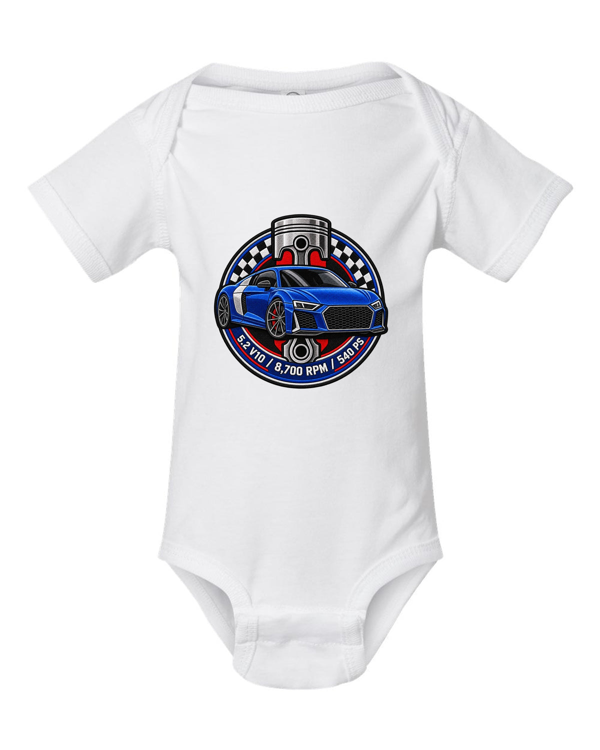 Varsity badge crest print of an Audi R8 4S with 5.2 V10 and 540 PS text white baby onesie front view with the design