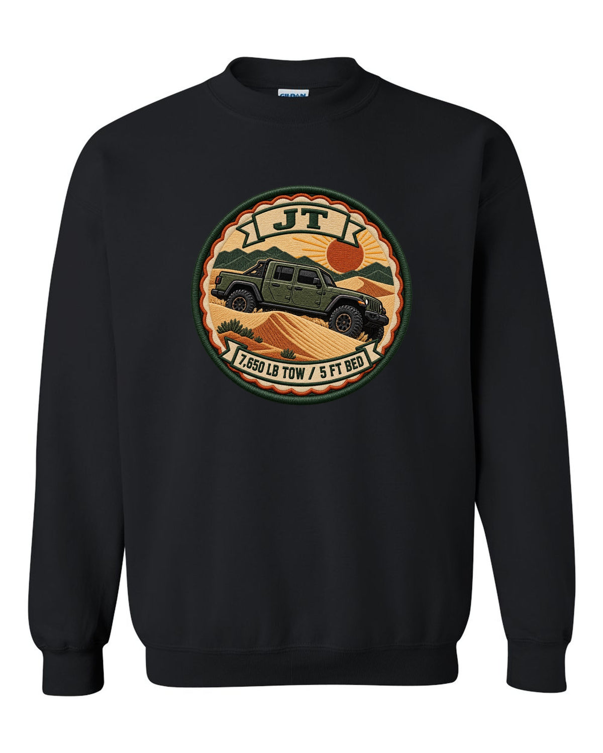 Embroidery-style varsity crest print of a Jeep Gladiator JT with tow rating text black crewneck front view with the design