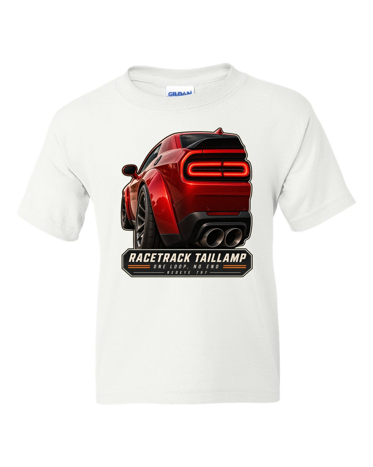 Dodge Challenger Hellcat Redeye Widebody racetrack taillamp macro print white kids tee front view with the design