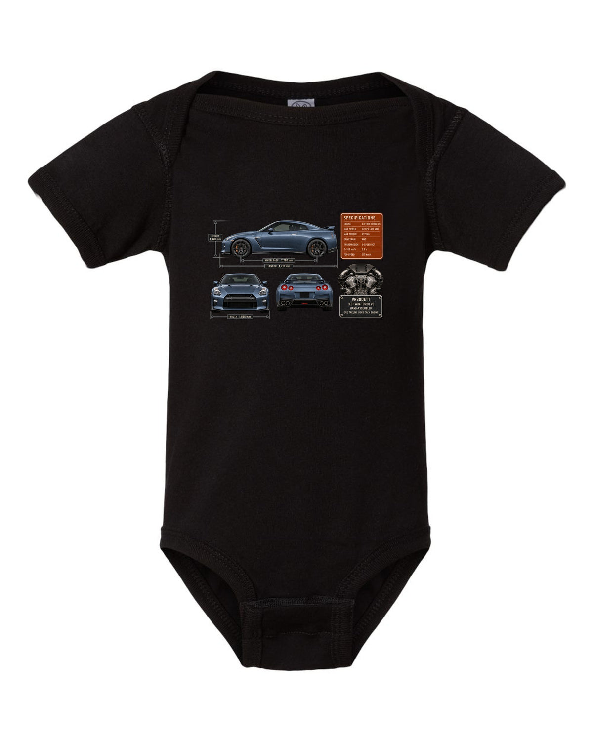 print dimension blueprint of a Nissan GT-R R35 in steel blue black baby onesie front view with the design