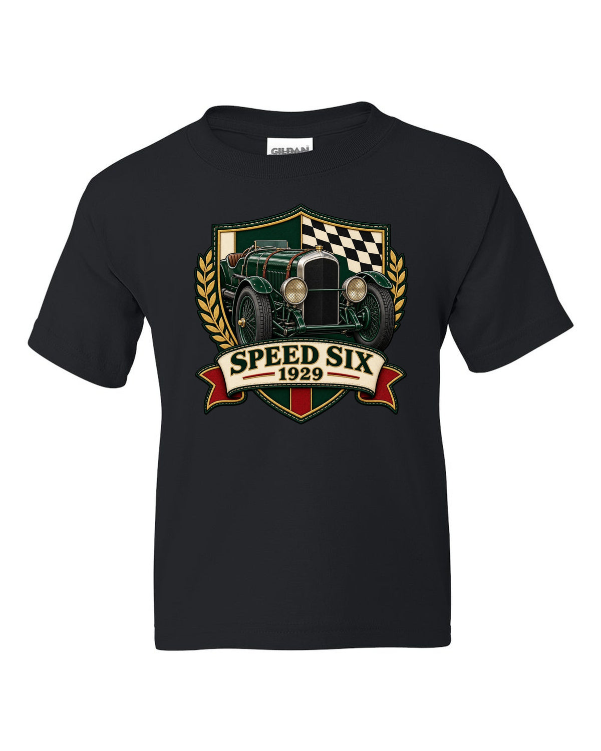 Varsity-style embroidered crest design for the 1929 Bentley Speed Six with SPEED SIX lettering black kids tee front view with the design