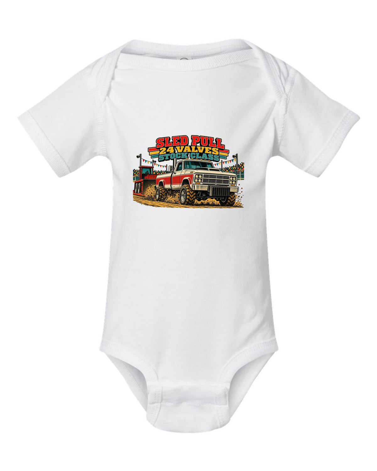 Vintage race poster print of a 1998.5-2002 Ram 2500 24V Cummins for a sled pull white baby onesie front view with the design