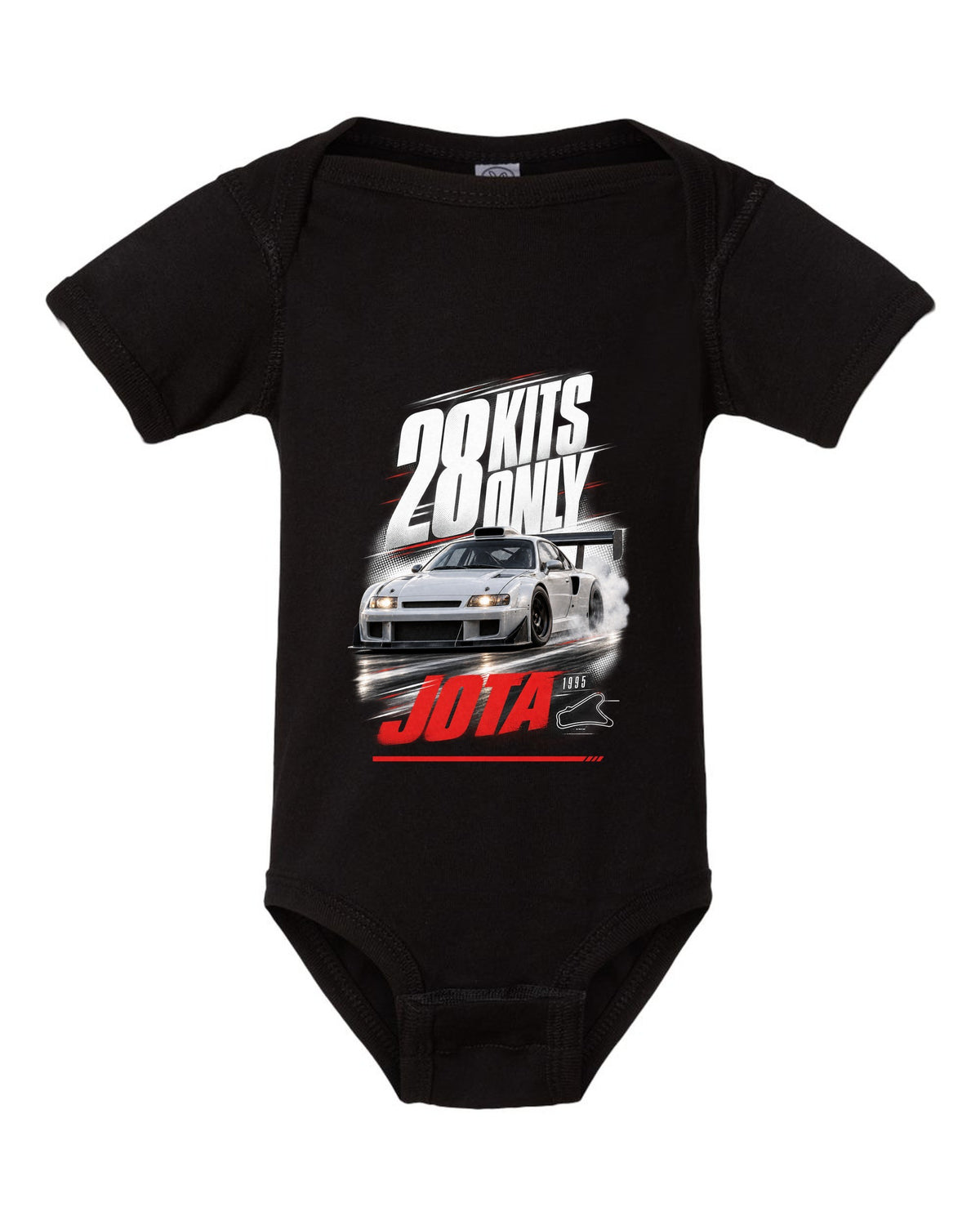 Race poster print of a Lamborghini Diablo SE30 Jota with 28 kits only text black baby onesie front view with the design