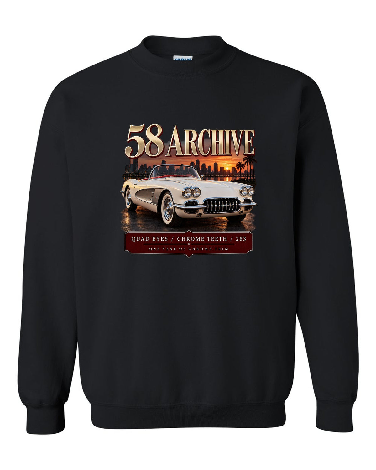 Chevrolet Corvette C1 1958 convertible archive panel print with quad headlights black crewneck front view with the design