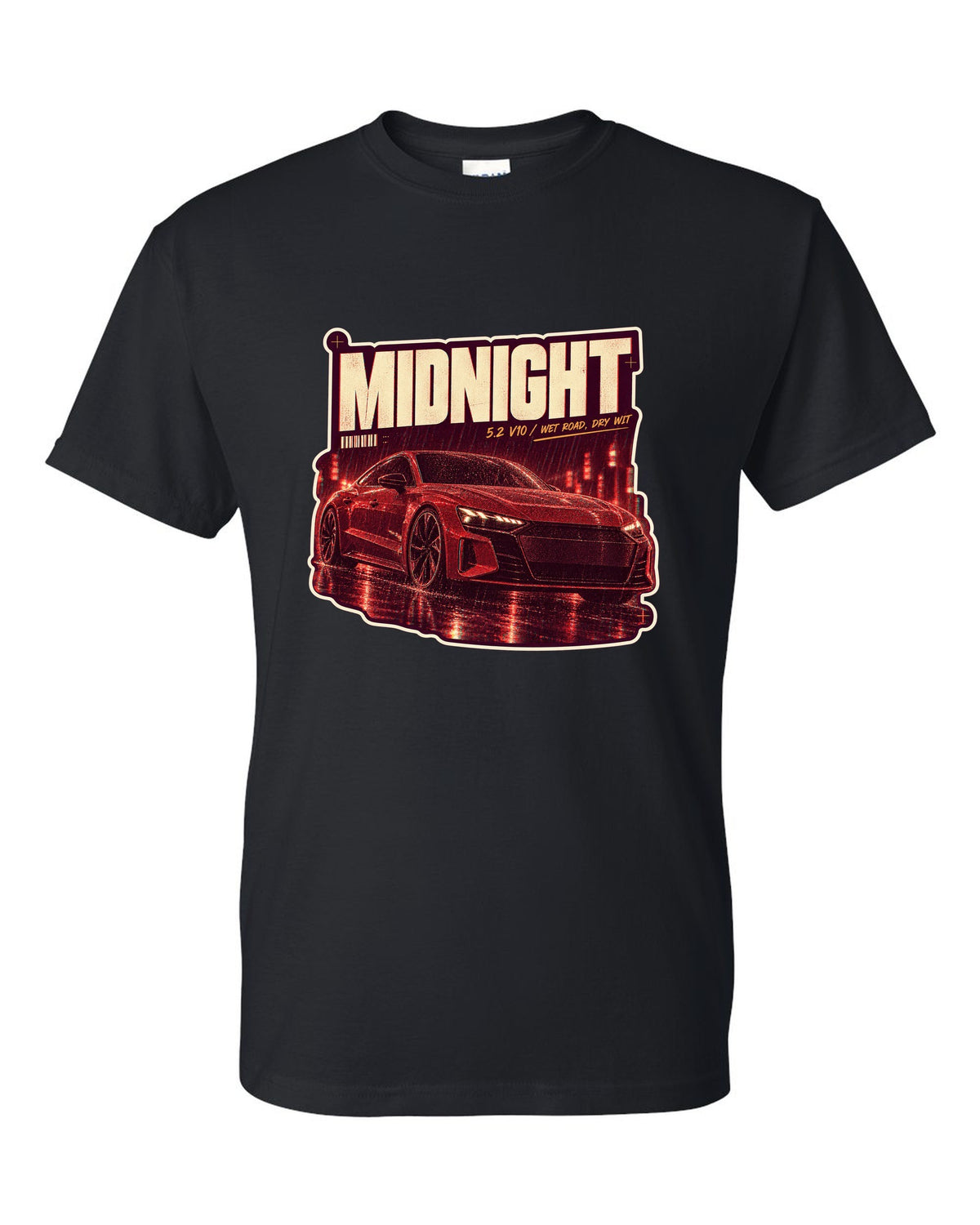 Audi R8 V10 performance on a wet night street print design black t-shirt front view with the design