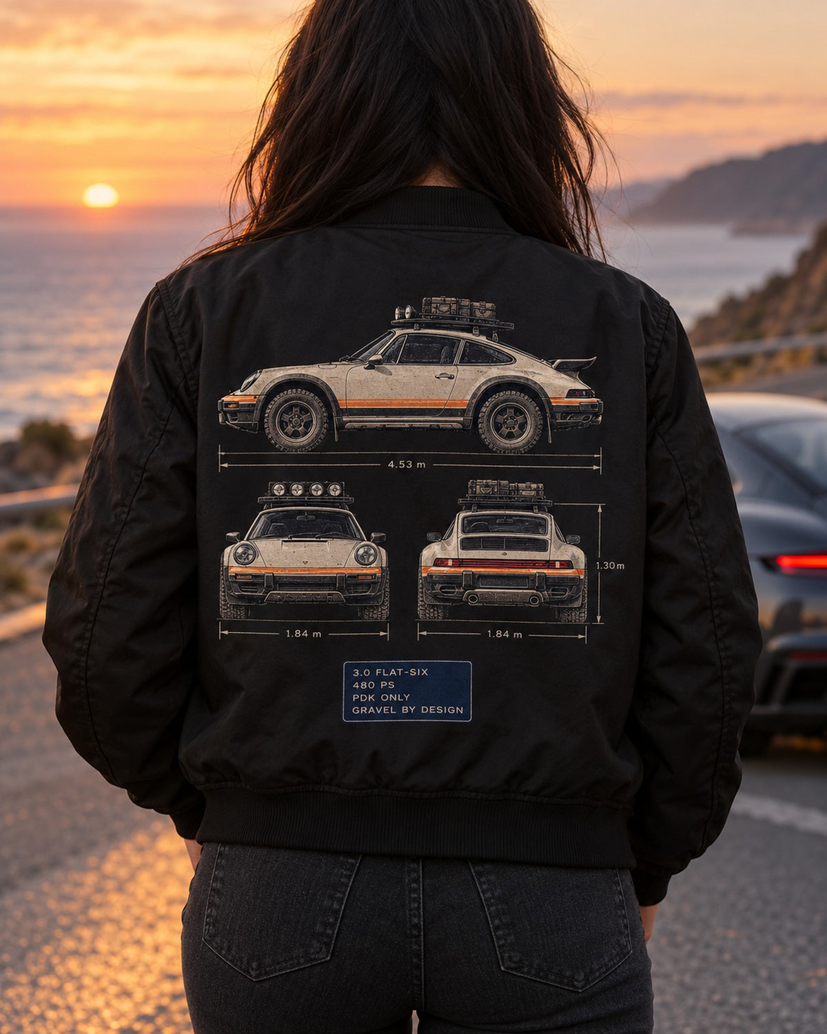 Porsche 911 Dakar Three-View Spec Table Tee, Off-Road 911 Bomber Jacket Black worn hero