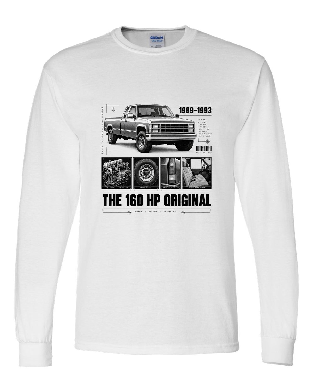 Dossier print of a 1989-93 Dodge D250 1st gen Cummins with VE pump and torque figures white long sleeve front view with the design