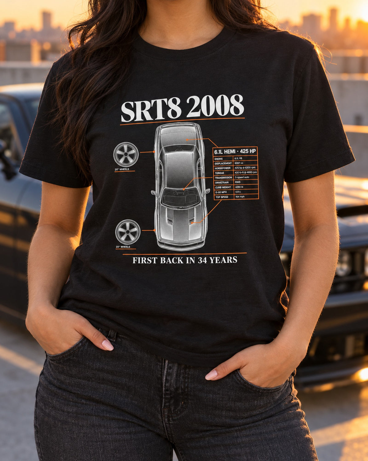 2008 Challenger SRT8 6.1 Hemi Spec Poster Tee, 425 HP T-Shirt Black worn hero