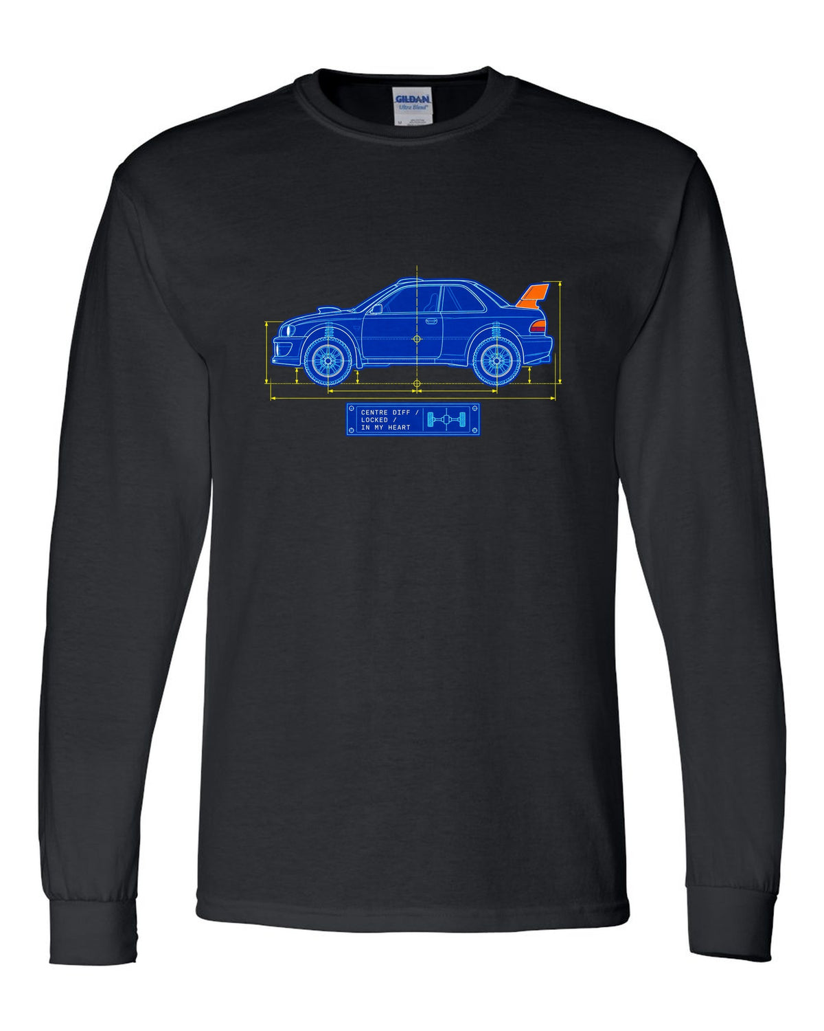 Blueprint line art of a Toyota Celica GT-Four ST185 with centre diff lettering black long sleeve front view with the design