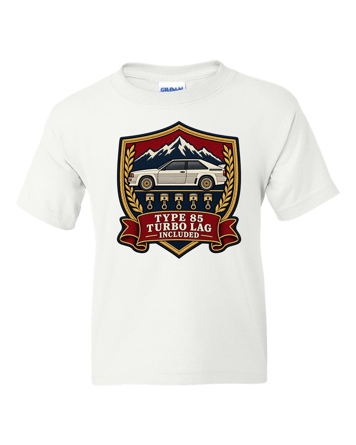 Varsity shield crest print of an Audi Ur-Quattro Type 85 with Turbo Lag Included text white kids tee front view with the design