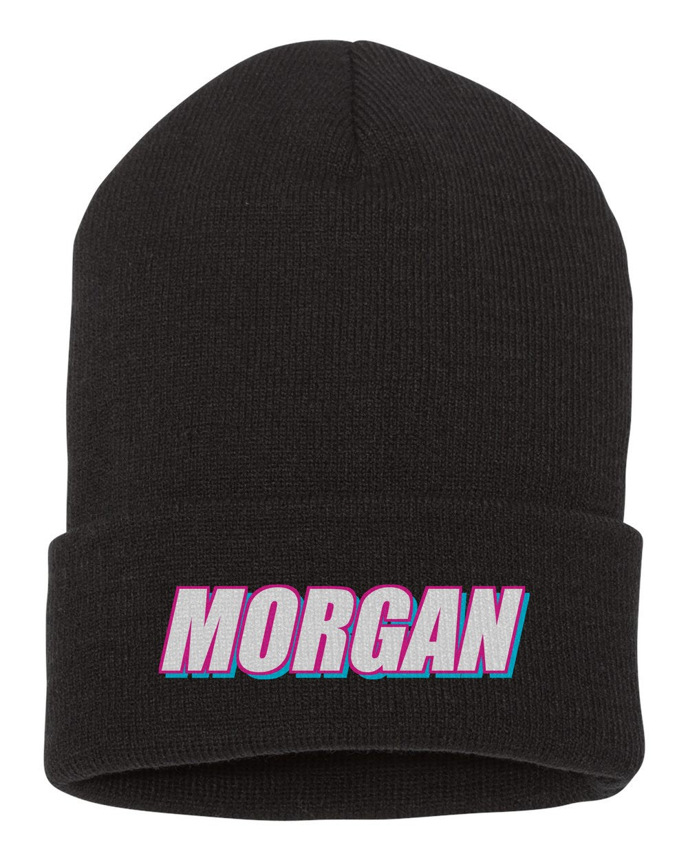 Morgan black beanie front view with car name