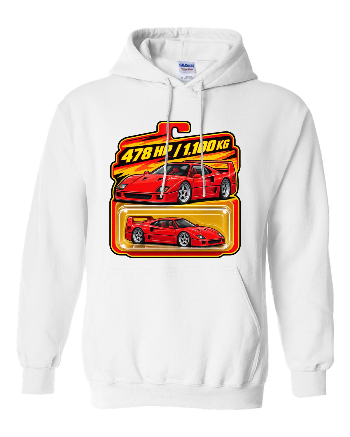 Toy blister-card print of a 1987 Ferrari F40 F120 with 478 HP and 1,100 KG text white pull over hoodie front view with the design