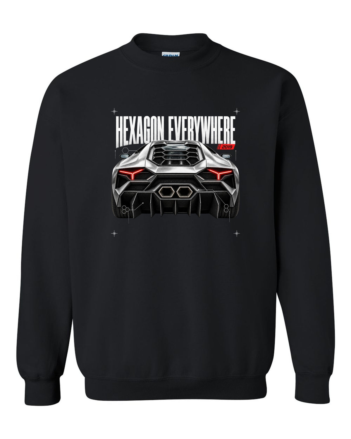 Detail macro print of a Lamborghini Huracan Evo LP640-4 with Hexagon Everywhere text black crewneck front view with the design