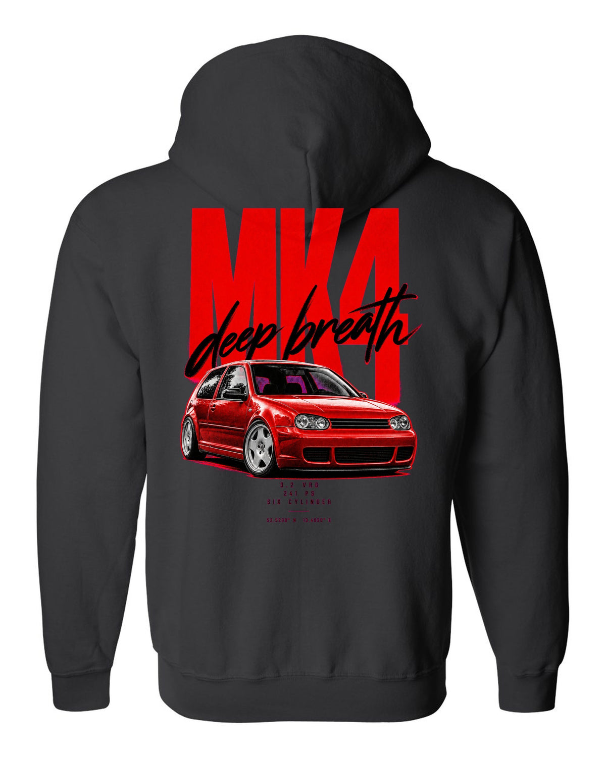VW Golf R32 Mk4 2002 front three-quarter street poster with 241 PS text black zip hoodie back view with the design
