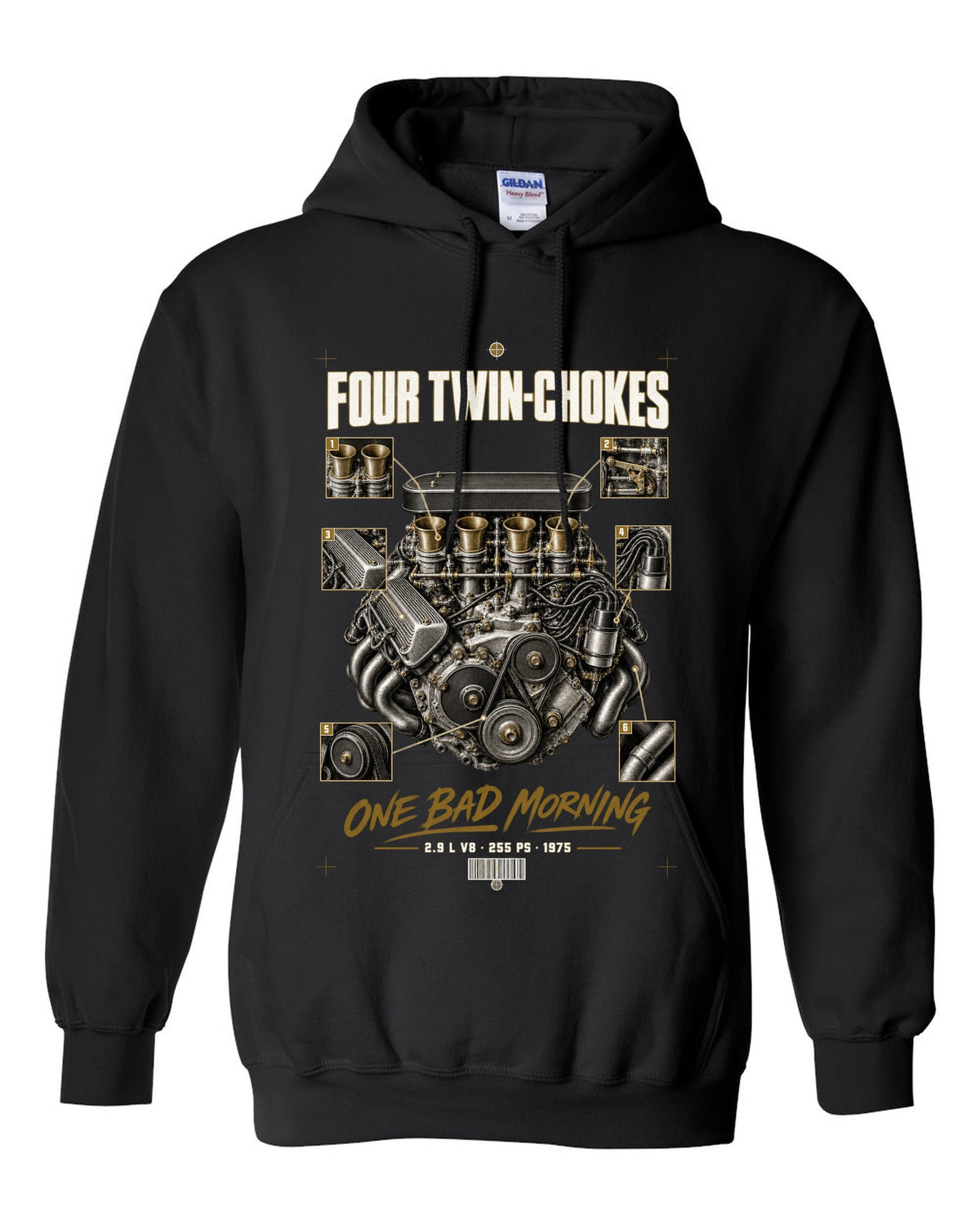 Ferrari 308 GTB 1975 engine print, four twin-choke carbs, 2.9 L V8, 255 PS black pull over hoodie front view with the design