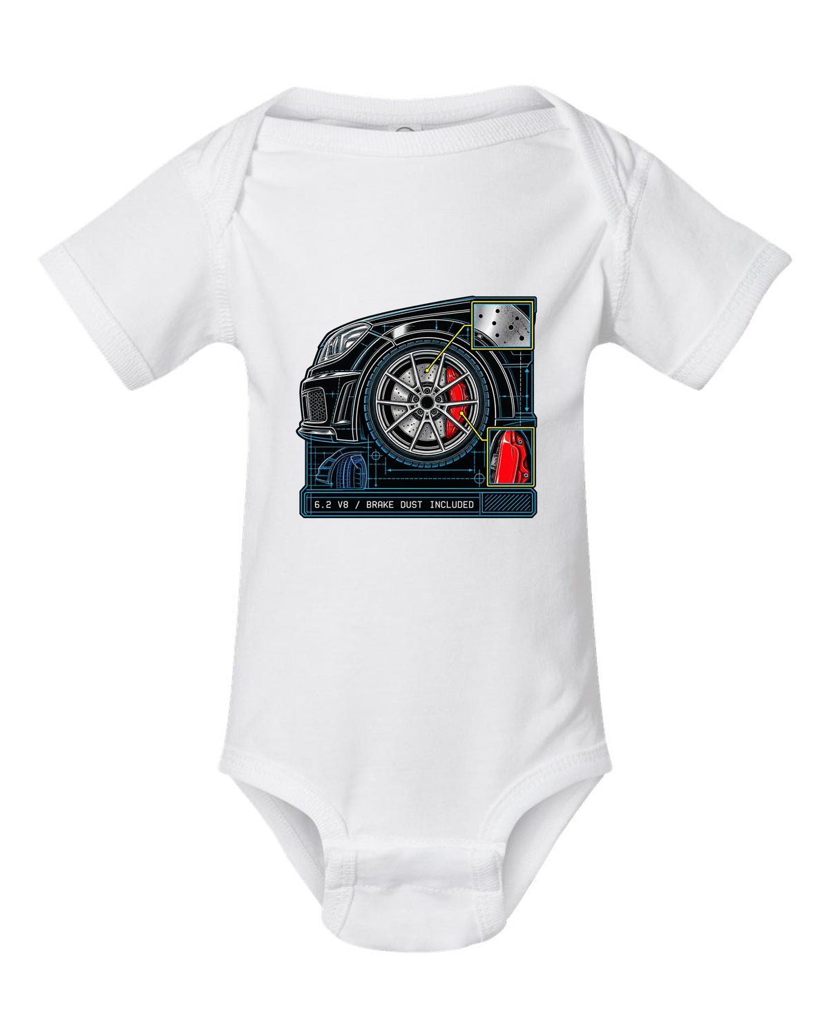 Retro manga ink burnout illustration of a Mercedes C63 Coupe C204 with tyre text white baby onesie front view with the design