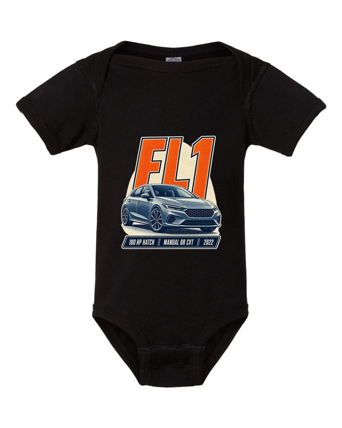 Honda Civic chback FL1 halftone front three-quarter print black baby onesie front view with the design
