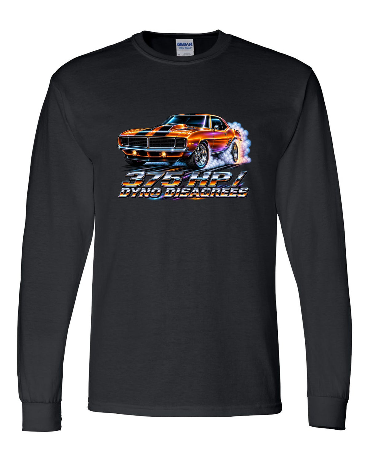 1969 Camaro SS 396 doing a burnout in 80s airbrush chrome style with text 375 HP Dyno Disagrees black long sleeve front view with the design