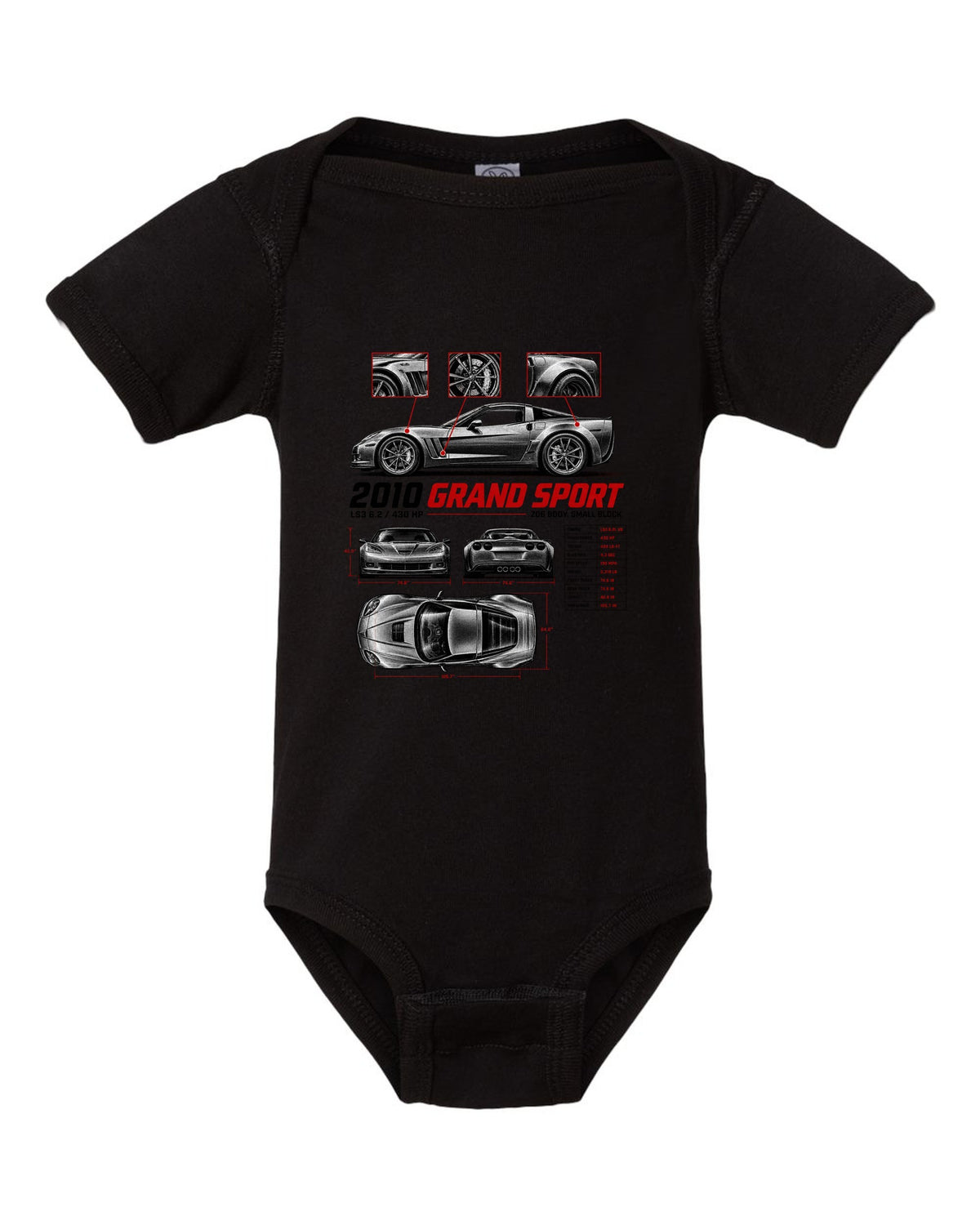Corvette C6 Grand Sport 2010 with wide haunches, spec poster black baby onesie front view with the design
