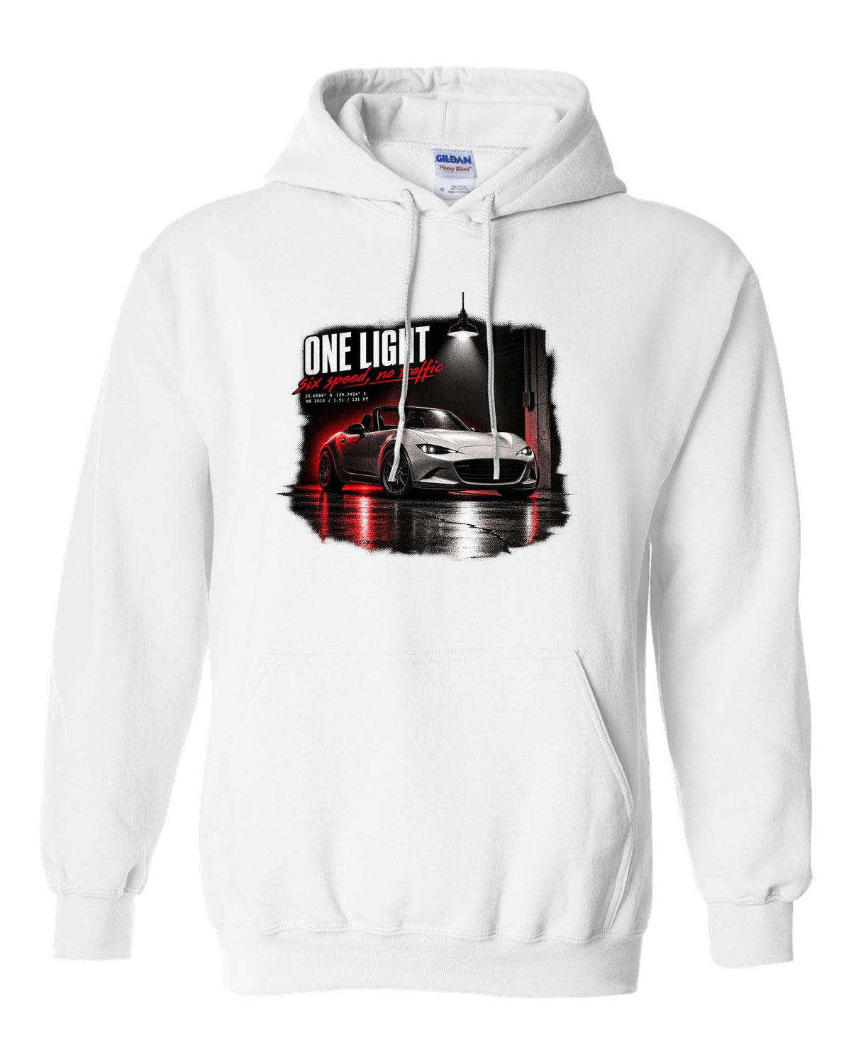 Garage night print for the 2015 Mazda MX-5 ND with 1.5L, 131 HP and six-speed lettering white pull over hoodie front view with the design