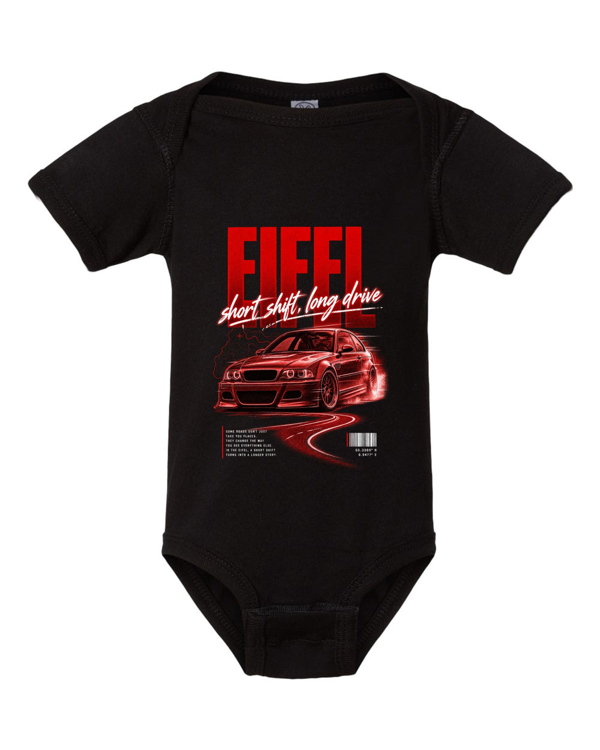 BMW E46 M3 coupe street poster print naming Eifel with short shift long drive text black baby onesie front view with the design