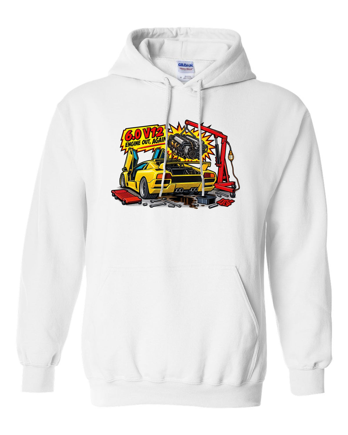 Comic halftone pop-art Lamborghini Diablo GT in a workshop with 6.0 V12 engine out again lettering white pull over hoodie front view with the design