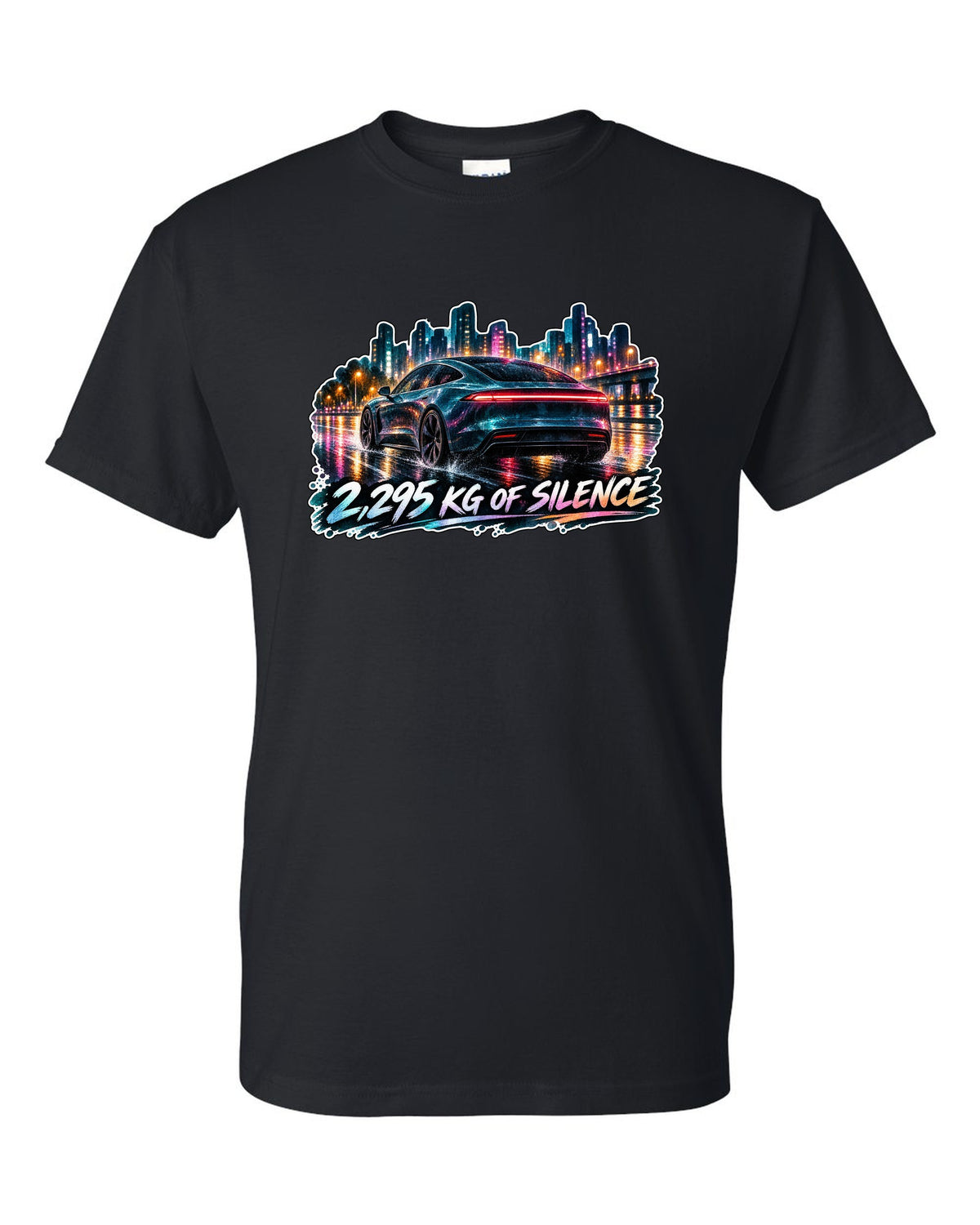 Porsche Taycan Turbo S 9J1 watercolor wet road night print with the text 2,295 kg of silence black t-shirt front view with the design