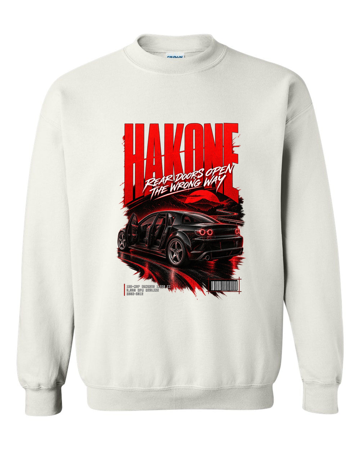 Street poster print for the 2004 Mazda RX-8 SE3P with Hakone lettering and Renesis rotary details white crewneck front view with the design