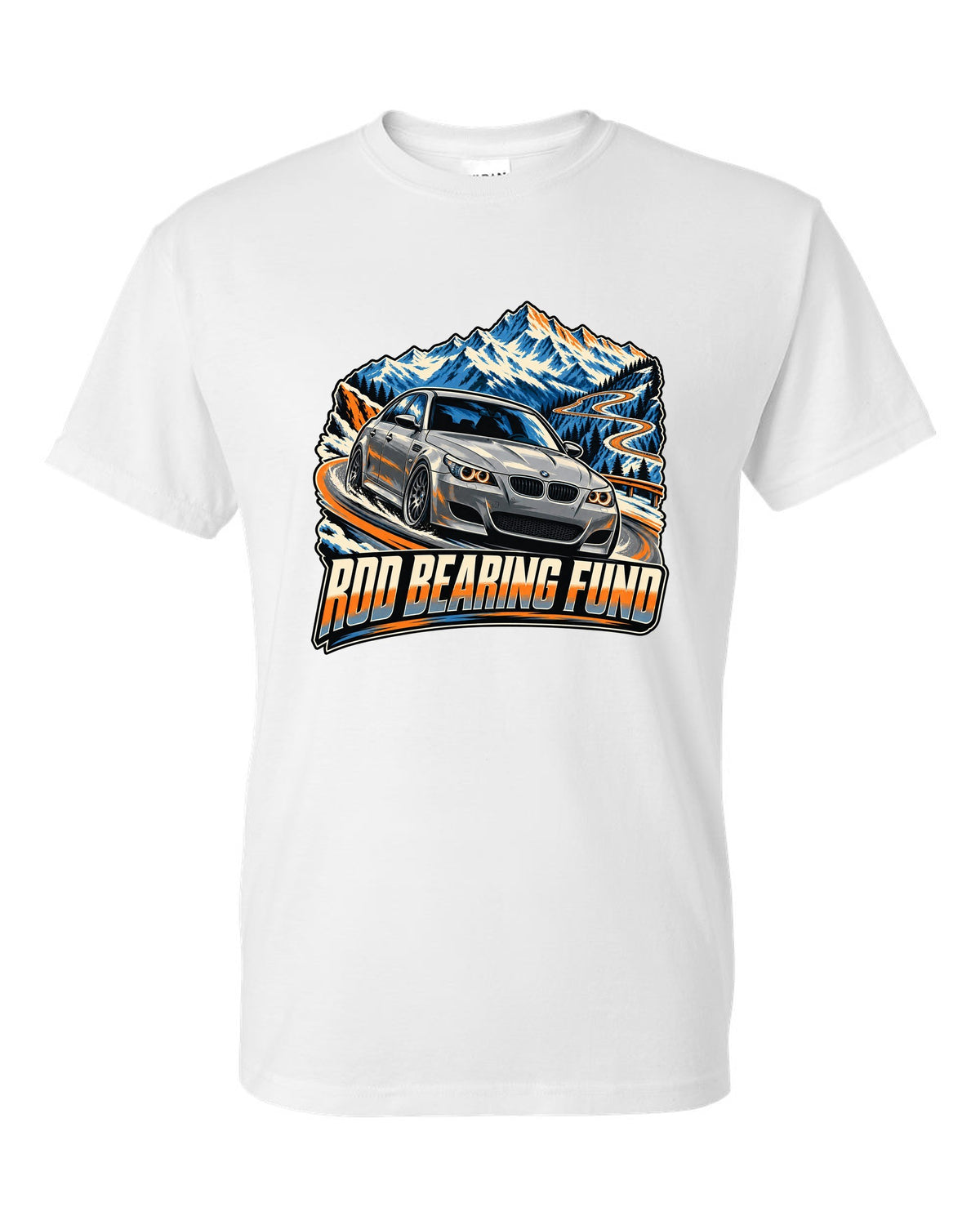 Retro Japanese showa catalogue print of a BMW M5 E28 with S38 3.5 six text white t-shirt front view with the design
