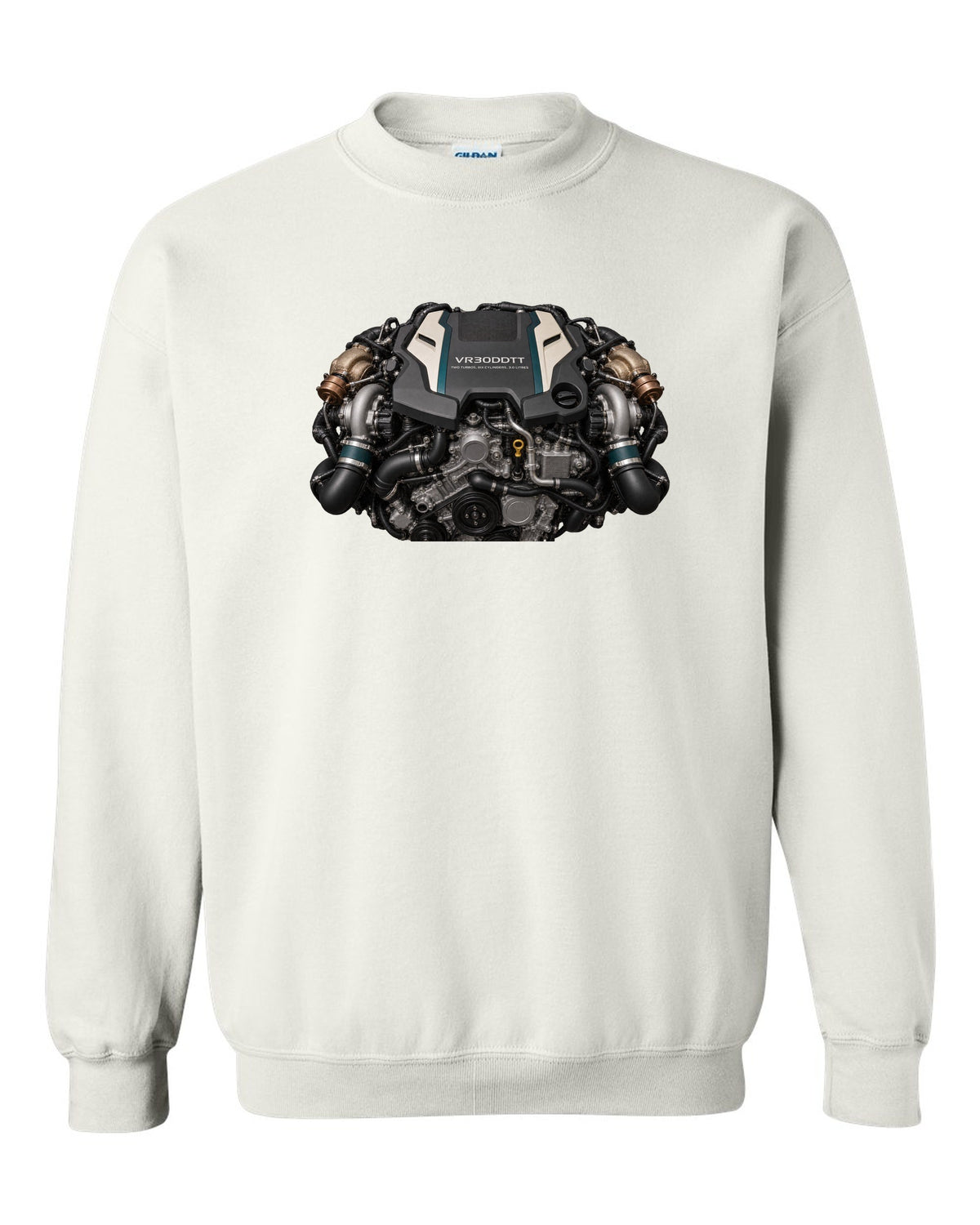 Nissan VR30DDTT 3.0 litre twin-turbo V6 engine bay poster style print white crewneck front view with the design