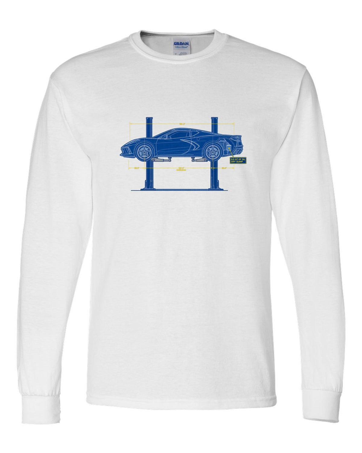 Retro manga halftone panel of a 2023 Chevrolet Corvette C8 Z06 with dry sump oil lettering white long sleeve front view with the design