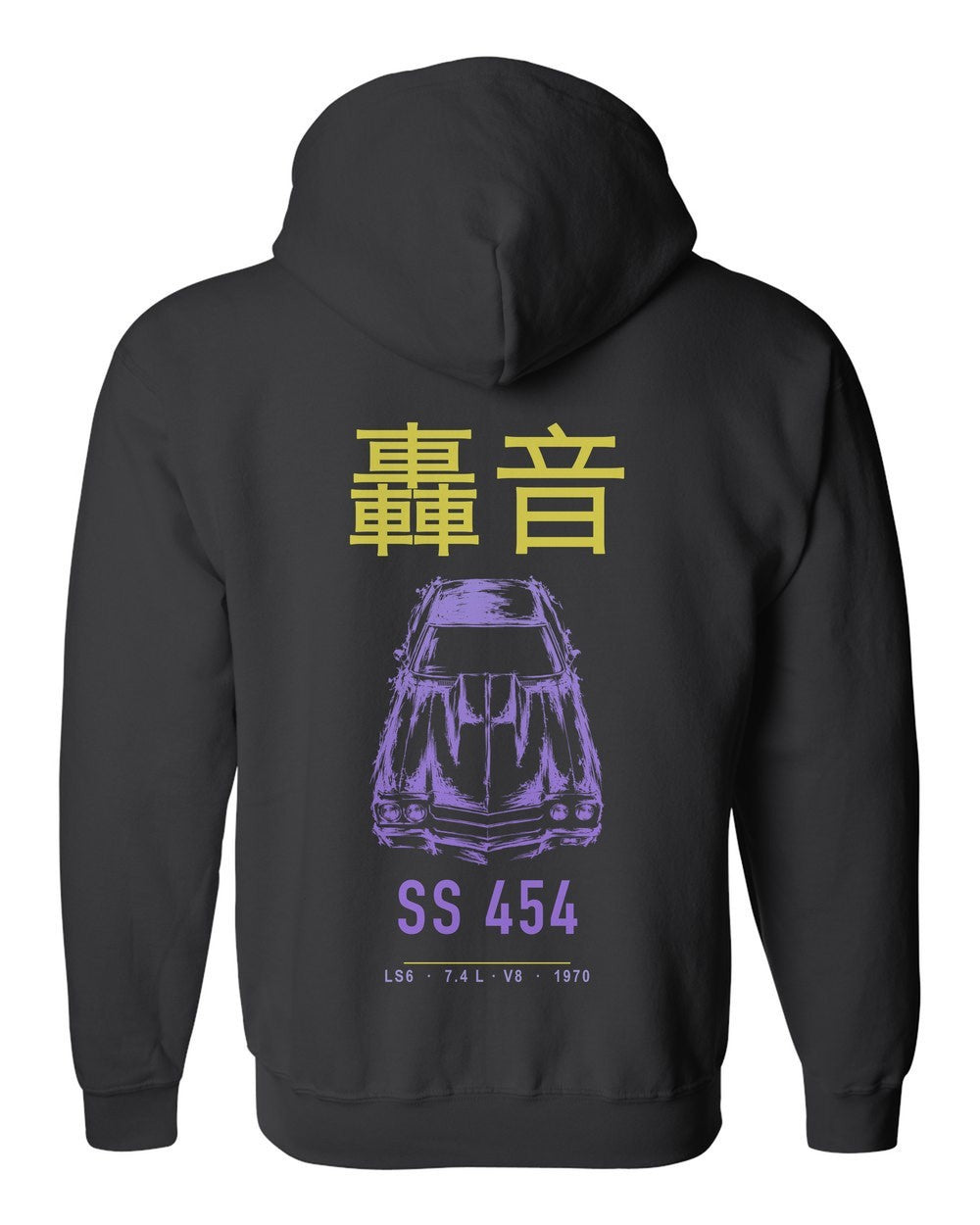 SS 454 full-back artwork black zip hoodie back view with the design