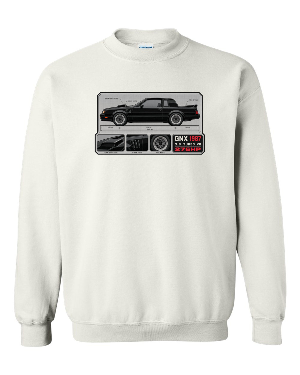 1987 Buick GNX datasheet spec layout with 3.8 turbo V6 and 276HP text white crewneck front view with the design