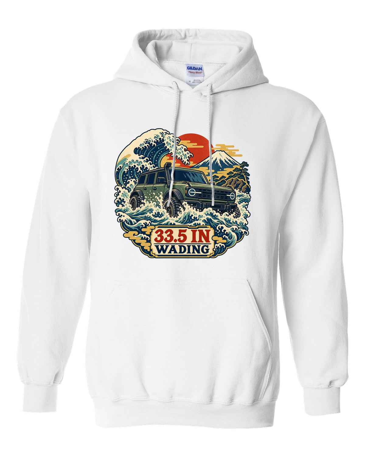 Ford Bronco 6G four-door with snorkel wading a wave in an ukiyo-e print white pull over hoodie front view with the design
