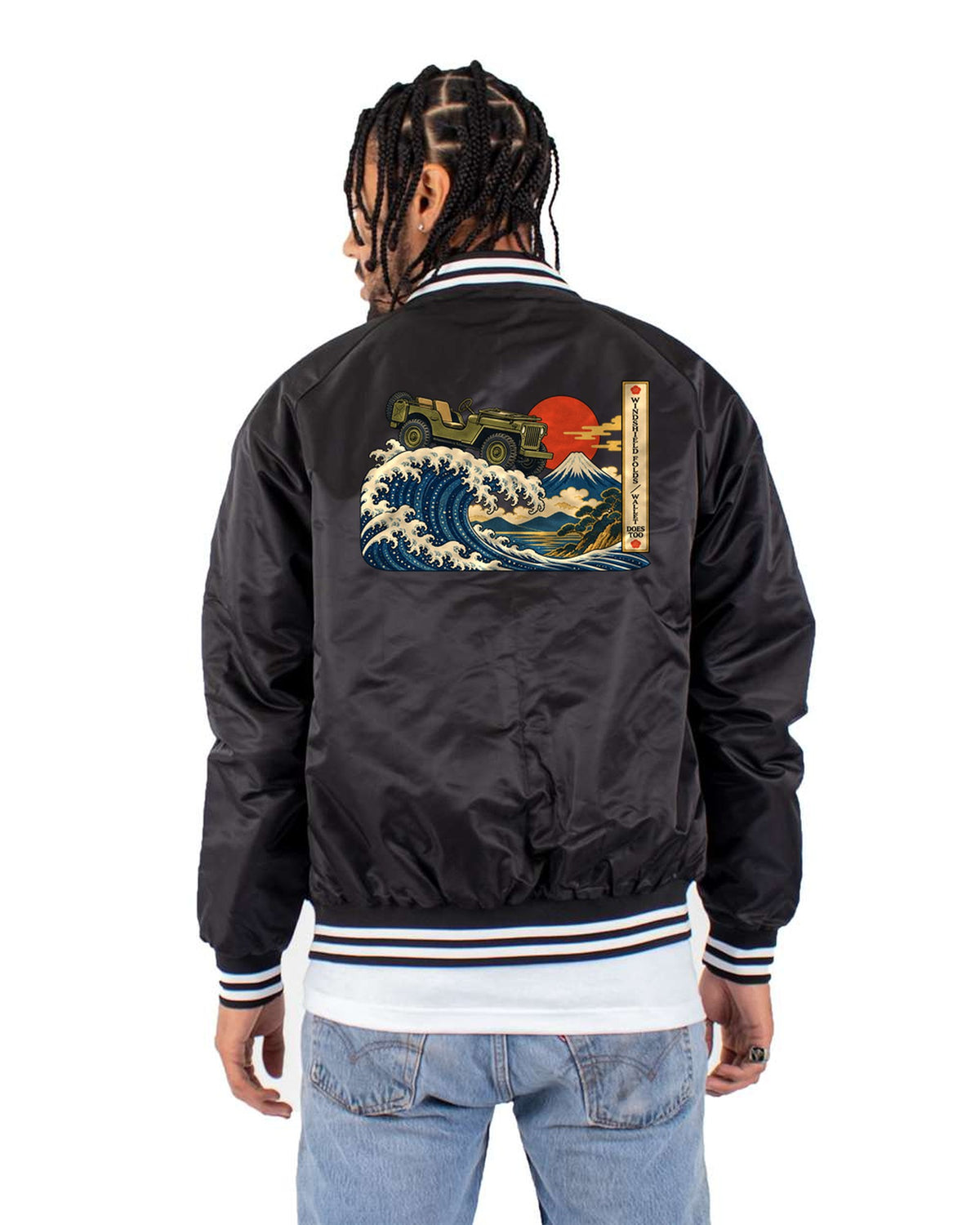 Willys MB Great Wave Woodblock Tee, Folding Windshield Joke Bomber Jacket Black back