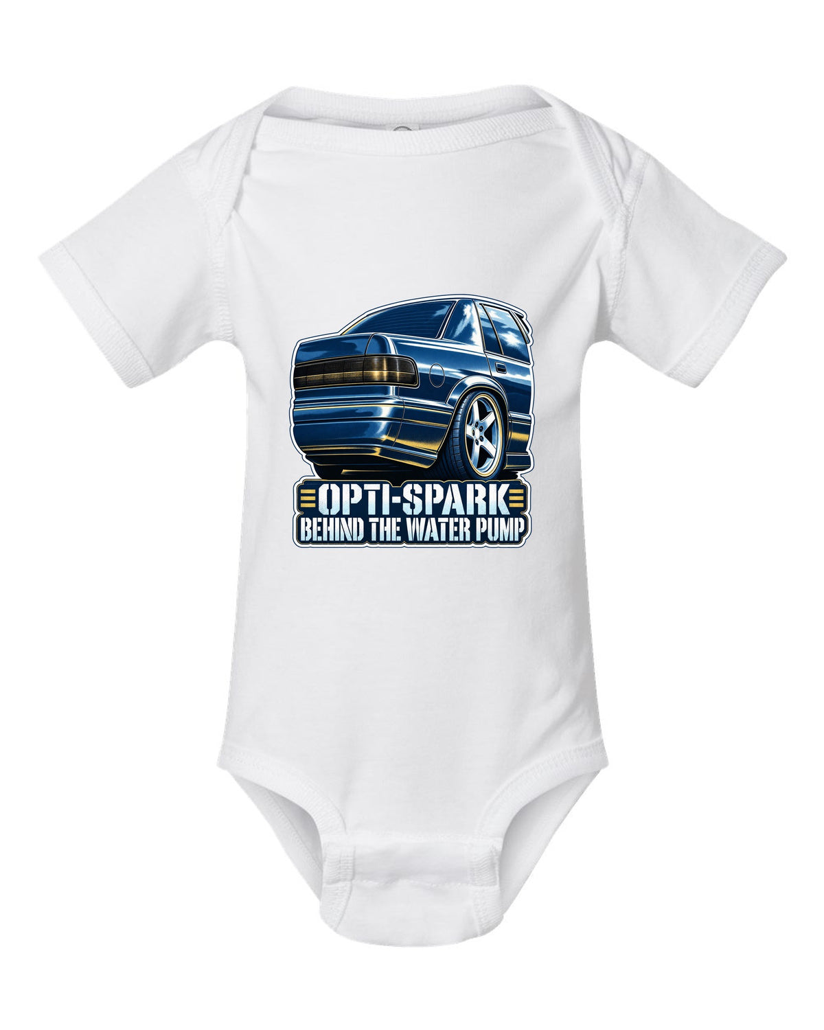 Blue cyanotype print of a 1994-96 Chevrolet Impala SS LT1 wheel with the text Opti-Spark Behind the Water Pump white baby onesie front view with the design