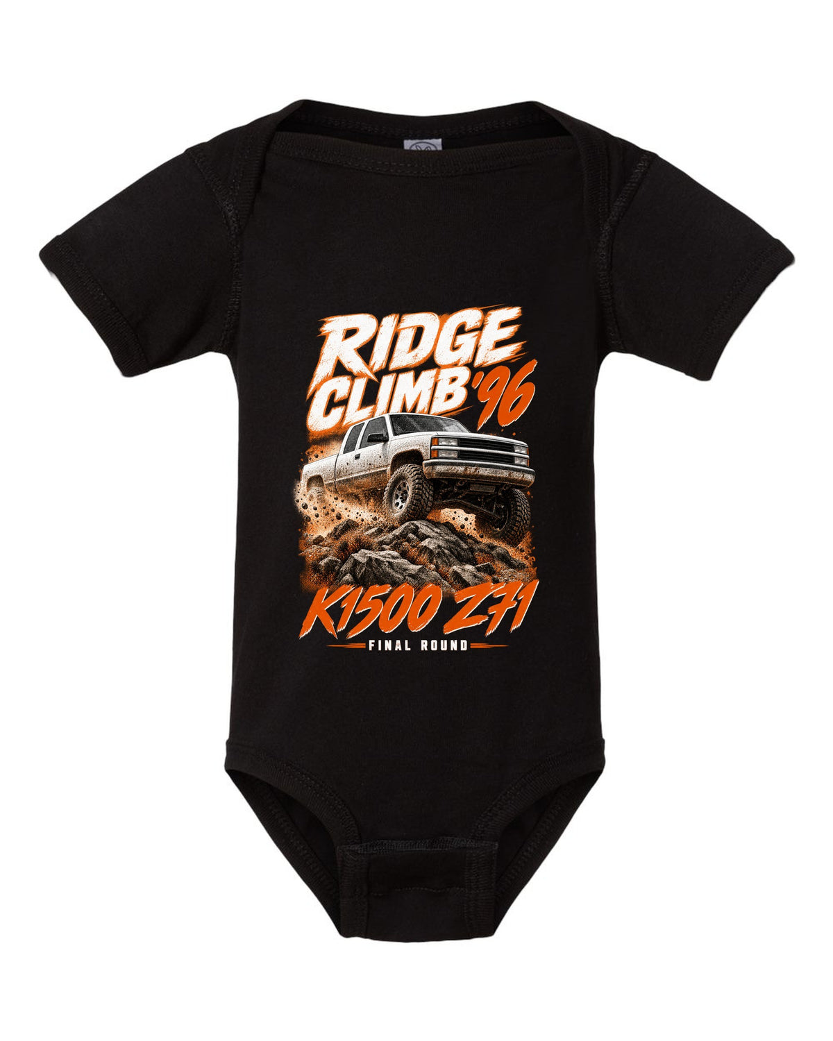 1996 Chevy K1500 Z71 OBS Ridge Climb race poster print black baby onesie front view with the design