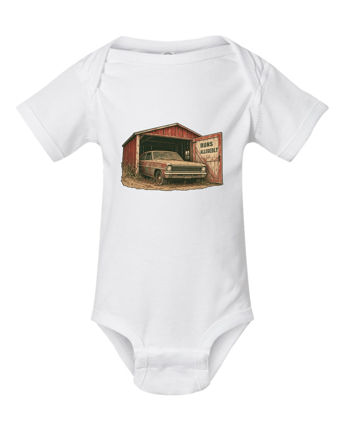 1966 Chevy II Nova in a grainy two-colour risograph barn find design with the text Runs Allegedly white baby onesie front view with the design