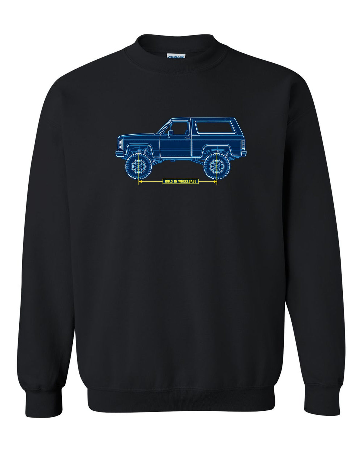 Chevrolet K5 Blazer Blueprint Side View black crewneck front view with the design