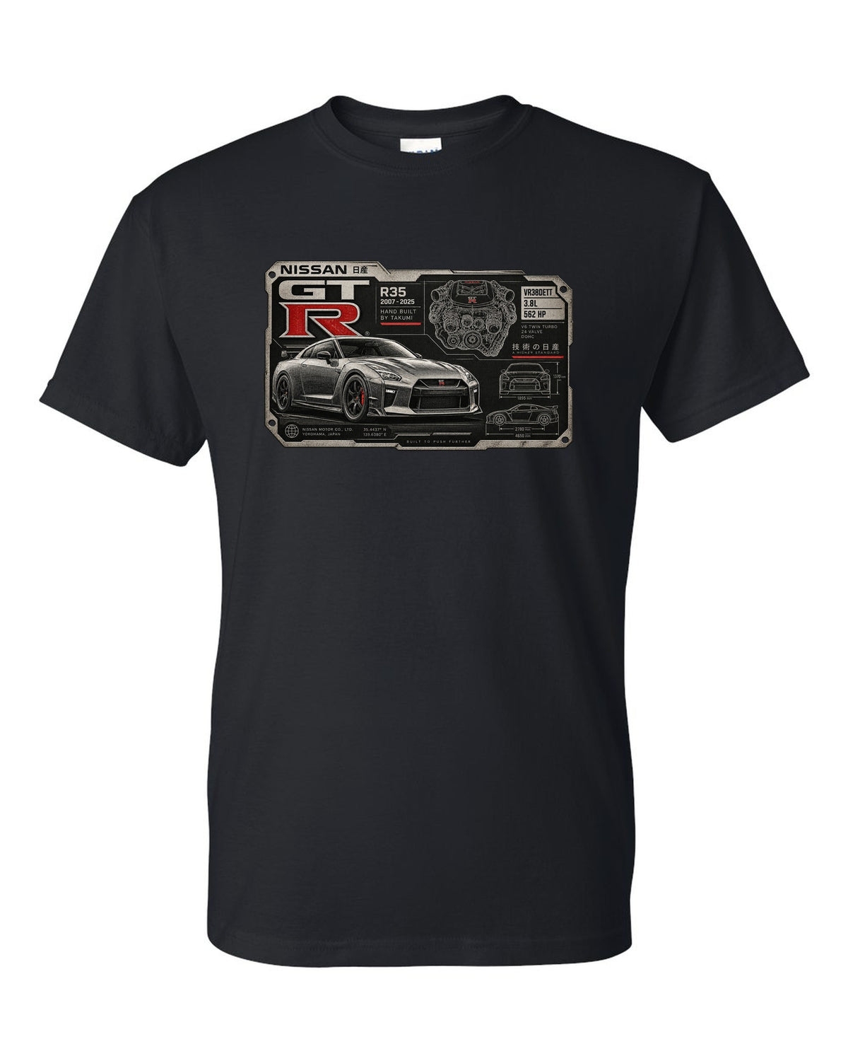 Spec sheet data plate print for the Nissan GT-R R35 showing VR38DETT 3.8L 562 HP black t-shirt front view with the design