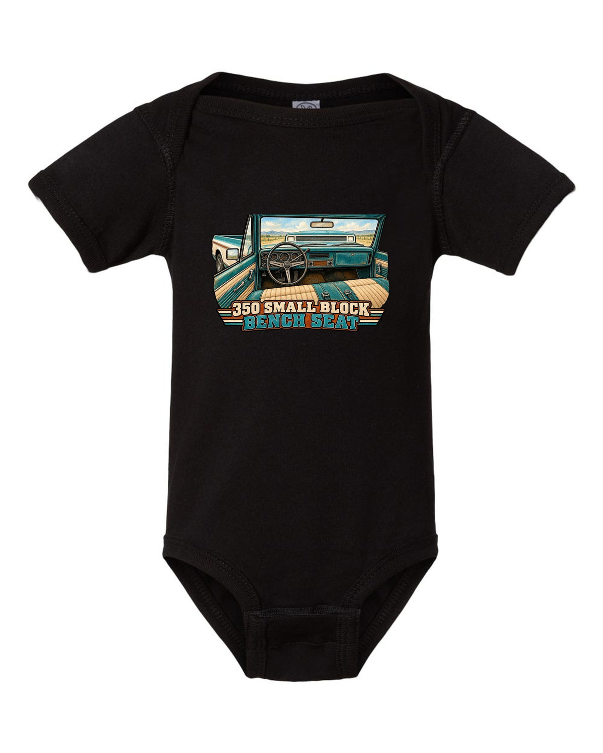 Watercolour wash print of a 1971 Chevrolet C10 Cheyenne with 350 Small Block and Bench Seat text black baby onesie front view with the design