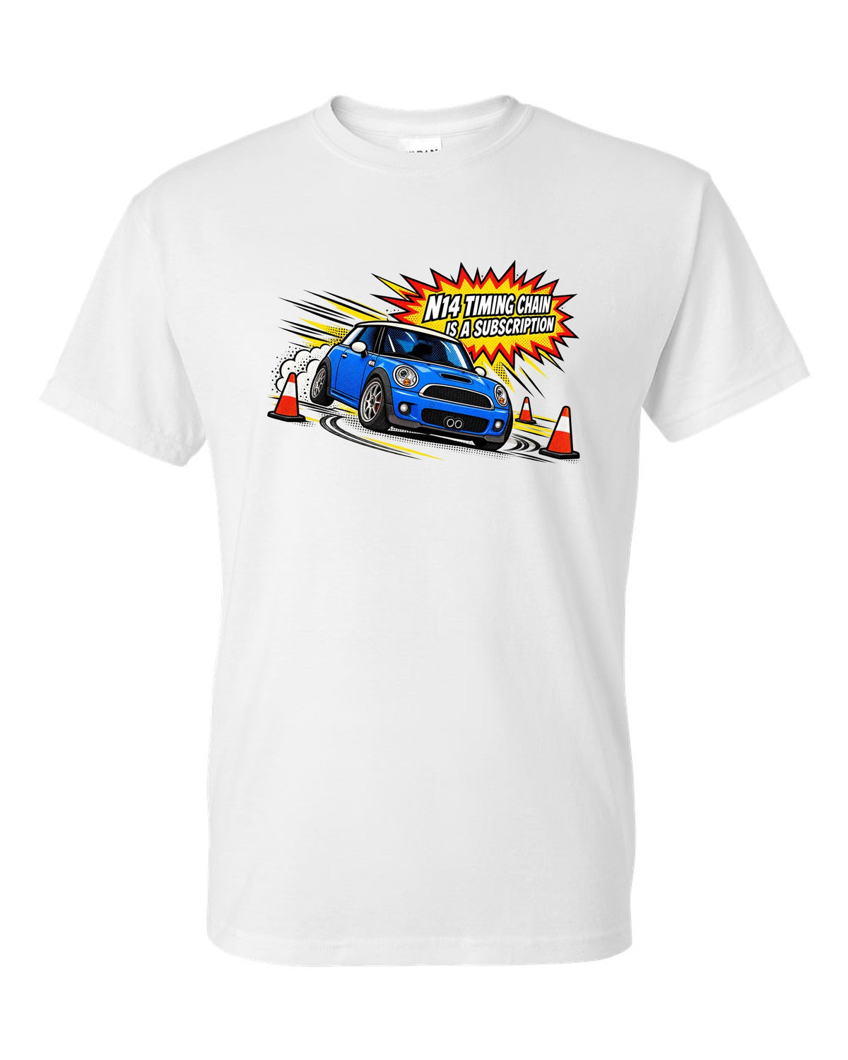 Comic halftone pop-art Mini Cooper S R56 with N14 timing chain joke white t-shirt front view with the design