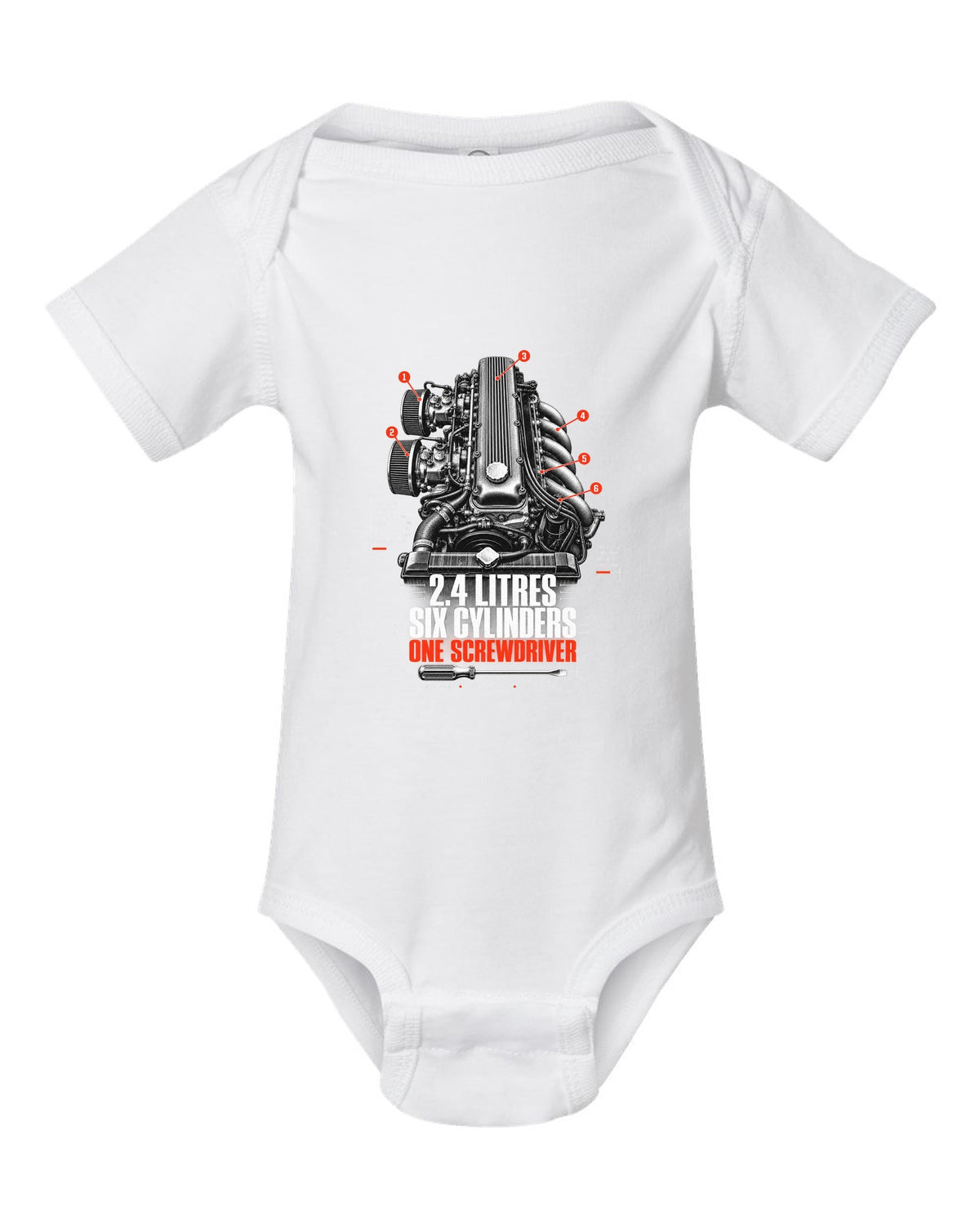 print of a Datsun 240Z L24 engine bay with six cylinders and screwdriver lettering white baby onesie front view with the design