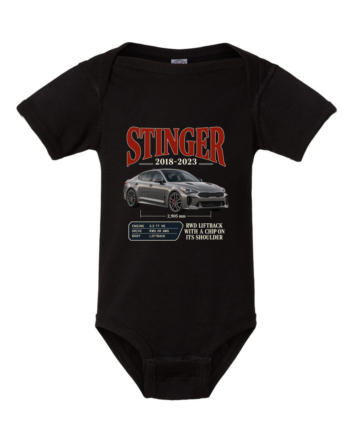 Kia Stinger GT archive panel print covering 2018 to 2023 black baby onesie front view with the design