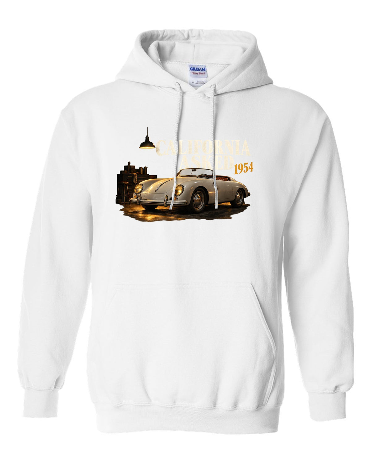 Garage night print of a 1954 Porsche 356 A Speedster with the caption California Asked white pull over hoodie front view with the design