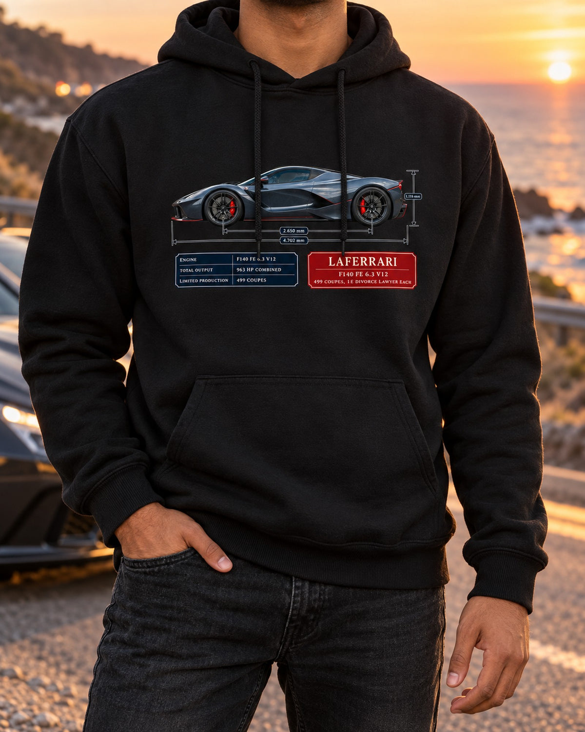 Ferrari LaFerrari F140 FE V12 Dimension Blueprint Shirt Pull Over Hoodie Black worn hero
