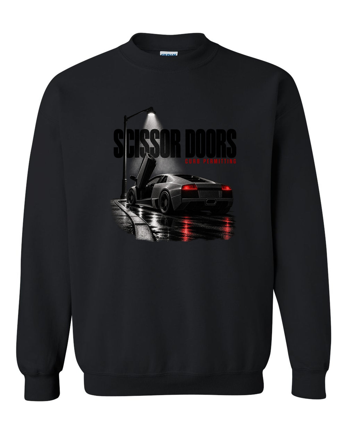 Garage night print of a Lamborghini Murcielago LP640 with scissor doors raised black crewneck front view with the design