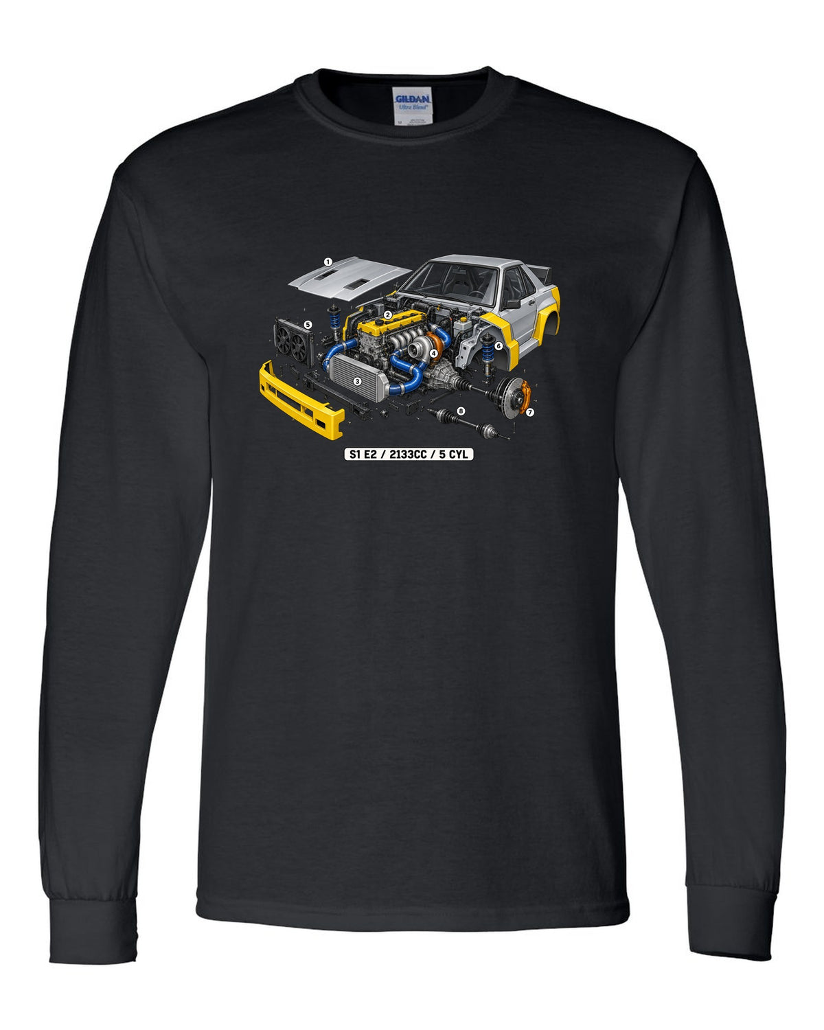 Isometric cutaway of the Audi S1 E2 five-cylinder engine, 2133cc black long sleeve front view with the design